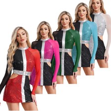 Women Costume Sparkly Dancewear Dance Dresses 70s Color Contrast Hippie Mini