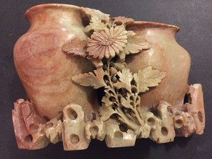 Antique Chinese Carved Red Soapstone Vase Double Urn Floral Etched Sculpture