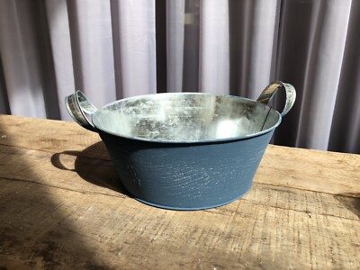 Blumentopf Übertopf Deko Blech Metall Blau Taupe, 2 Griffe