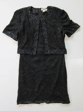 Vintage Mark & John Gopal 100% Silk Black Beaded Jacket Sheath Dress Small