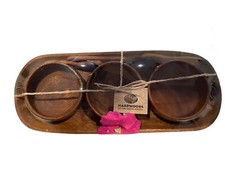 Hardwoods of the South Pacific Wooden 3 Dip Bowl Serving Set w/Tray & Spoons NEW