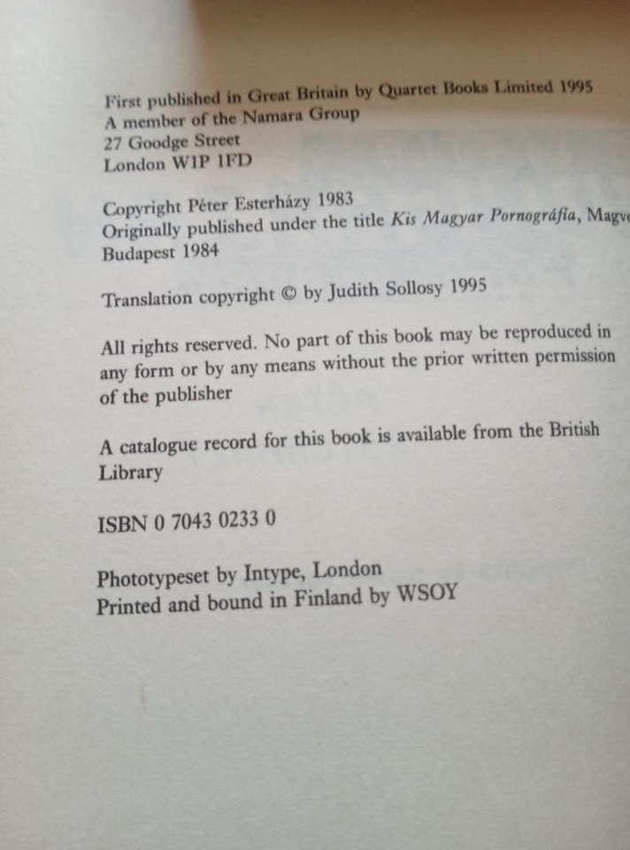 PETER ESTERHAZY A Little Hungarian Pornography PB Book 1995 EROTIC