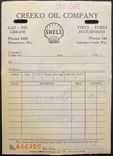 1938 **CREEKO OIL COMPANY** WATERTOWN / JOHNSON CREEK, WIS. RECEIPT+SHELL LOGO!