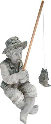 Frederic The Little Fisherman Statue – Pond Accent Garden Sculpture – Resin, Two-Tone Stone
