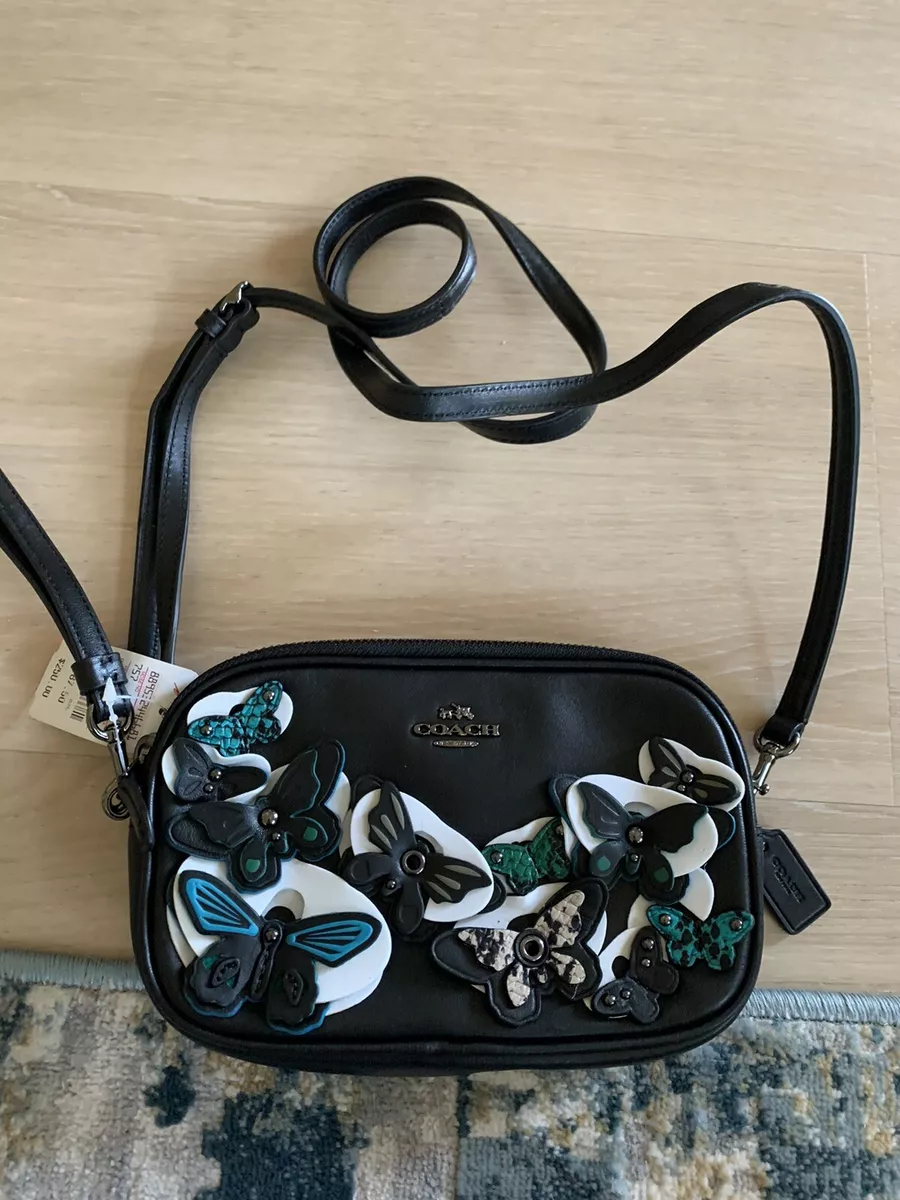New Coach Butterfly Applique Black Leather Convertible Crossbody Clutch