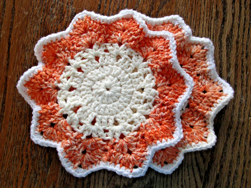 (2) Handmade Cotton crochet Dishcloths, doily,  large coaster multi color orange