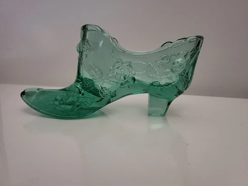 Vintage Fenton Shoe Slipper Glass Cabbage Rose Green Opalescent Edge & Toe