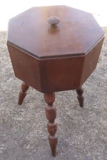 Vintage Antique Solid Brown Wood Octagonal SEWING BOX BASKET on 3 Carved Legs