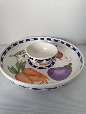 Bon Appetit Hand Painted Chip & Dip Set. 13.5  Round. No Chips Or Cracks
