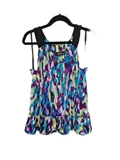 AB Studio Womens Multicolor Floral Pleated Round Neck Bow Pullover Tank Sz XL