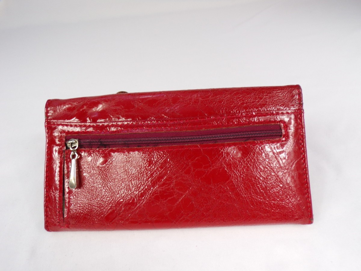 Vintage Retro Yik Fung Red Leather Look Tri Fold Wallet Snap 