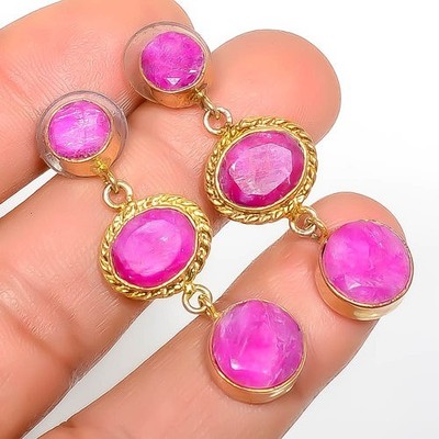 Ruby (Simulated) Gemstone Antique 18k Yellow Gold Plated Earring 1.56'' E7-803