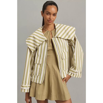 Anthropologie Maeve Lime Green & White Stripe Oversized Collar Jacket Size Large