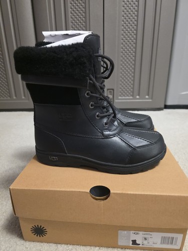 UGG Butte Kids Waterproof Leather Sheepskin Boots Black Size 5 Used With Box