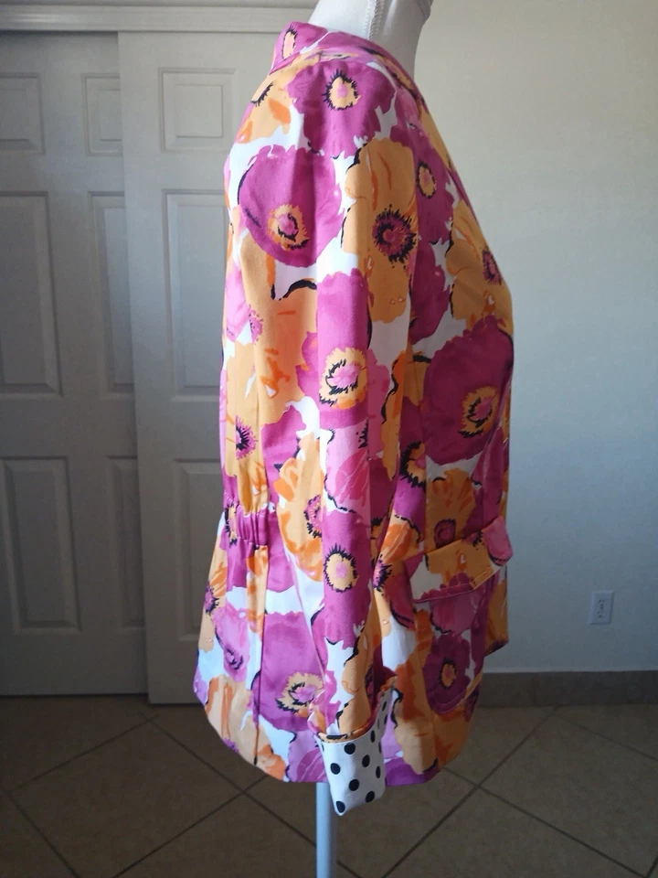 Chaqueta Blazer Joan Rivers Para Mujer 8 Floral Rosa Naranja Mezcla Algodón Puños a Lunares Foto 4 de 4