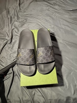 Gucci Men's Gray Logo Slide Sandals Synthetic Upper Rubber Outsole