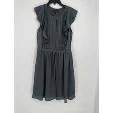 Banana Republic Pleated Ruffle Fit & Flare Dress Women 4 Gray Pockets Romantic
