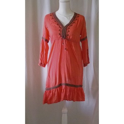 Boho Coral Orange Embroidered Gypsy Tunic Dress Ruffle  Empire Waist 3/4 Sleeve