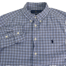 Ralph Lauren Dress Shirt Boys Large 14-16 Chekered White Blue Cotton Long Sleeve