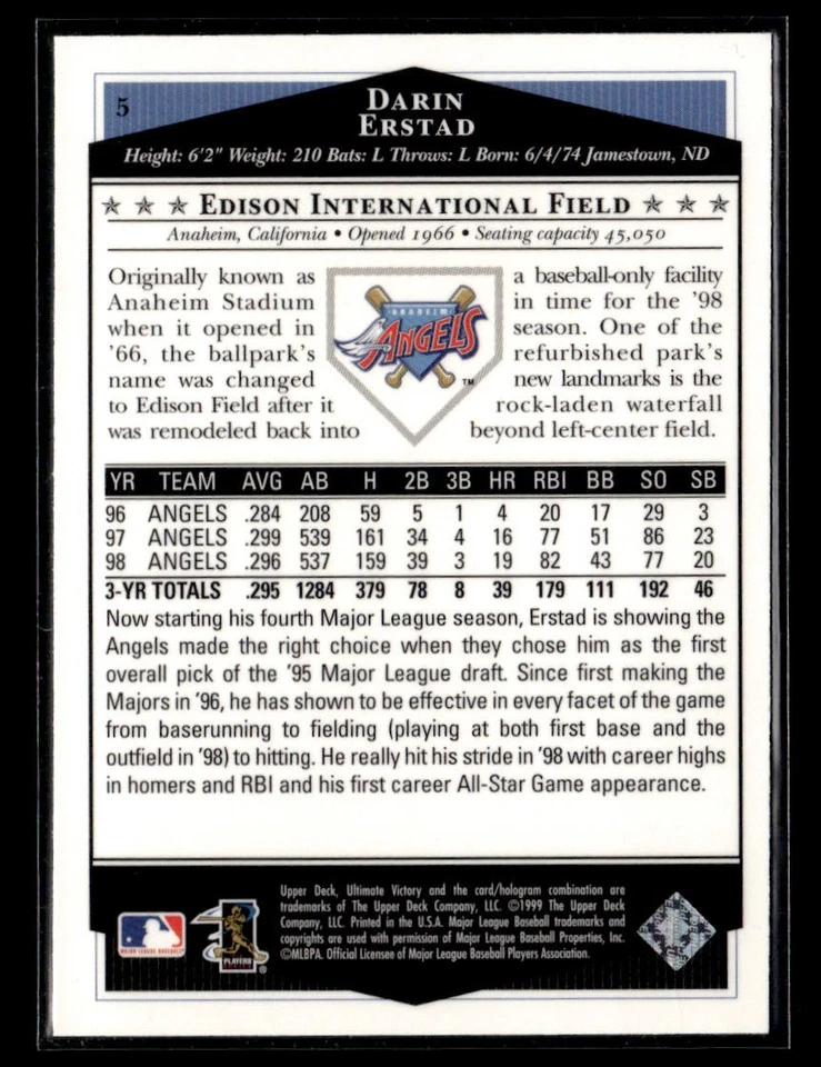 1999 Upper Deck Ultimate Victory Darin Erstad #5 - Image 2 of 2