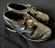 Antique c1900 Victorian Child s Black Leather Mary Jane Shoes Double Strap Pair