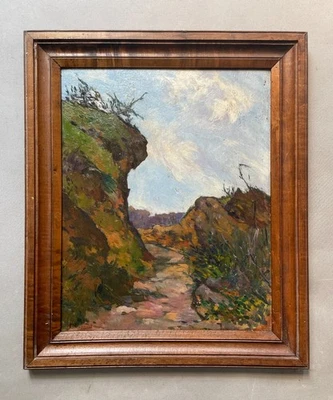Chemin, huile sur panneau, signature à identifier, tableau ancien, peinture - Photo 1/4