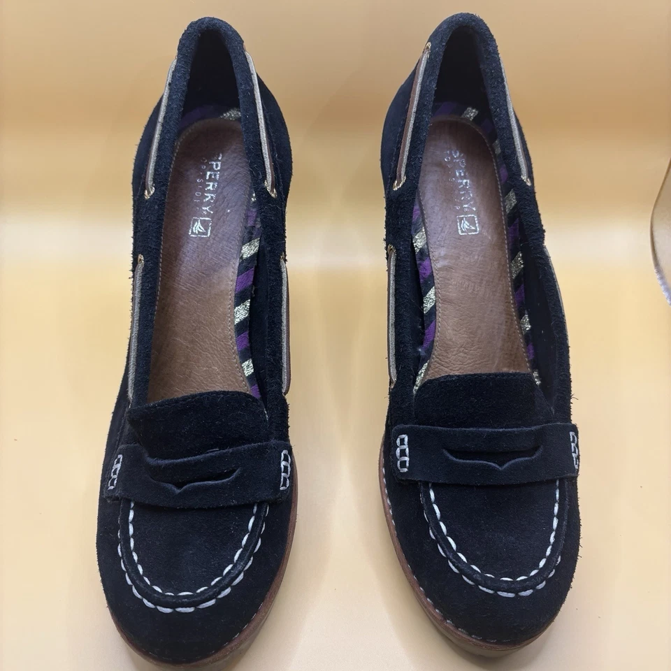 Замшевые мокасины Sperry Top-Sider 8 М черные Y2K Academia Lug Sole коренастый блочный каблук - Изображение 3 из 4