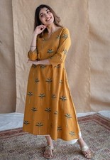 Women's Mustard Cotton Anarkali Kurta Palazzo Set Indian Ethnic Festival Dress