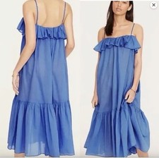 J CREW Re-imagined Retro Blue Spaghetti Strap Ruffle Dress Organic Cotton XS