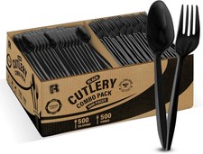 1000 Pcs Black Plastic Utensils Set - 500 Forks And 500 Teaspoons, Plastic Fo...