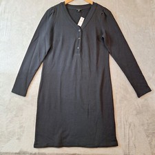 Talbots Dress Womens Small Black French Terry Popover V-Neck Midi Sheath NWT