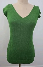 Twenty One Jr. Size L Knit Sweater Top Shirt Cap Sleeves V-Neck Green & Gold