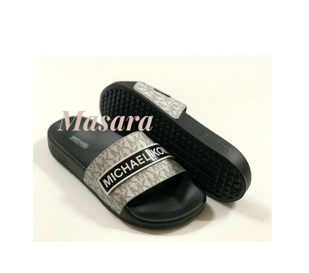 Women MK Michael Kors Demi Flat Slide Sandals Mini MK Logo Black
