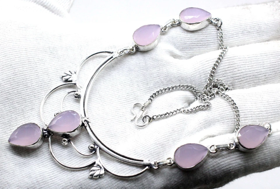Rose Quartz Gemstone 925 Sterling Silver Jewelry Necklace Gift For Her 17-18 - Image 2 of 4