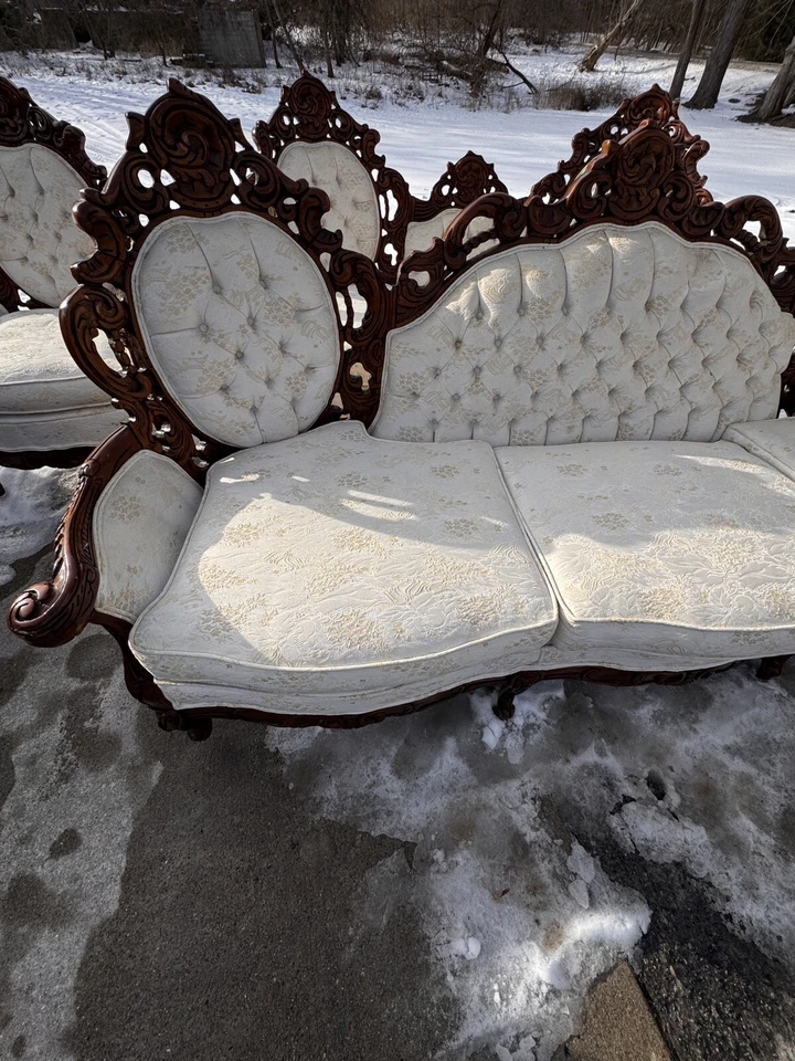 Carved Brown Wooden Antique Large Long Sofa Couch With Loveseat & Chair - Image 2 of 4