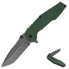 Spring Assisted Tactical Hunting Pocket Knife G10 Handle, Stonewash Blade, Green