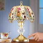 Cat & Butterflies Garden Scene Glass 3-Way Touch Table Lamp Gold Base Home Decor