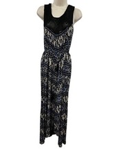 Lucky Brand Maxi Dress Medium Black Blue Printed Crochet Tie BOHO Hippie