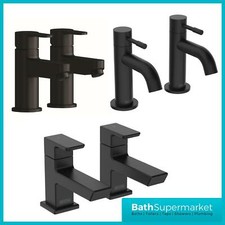 Black Hot & Cold Pair Bathroom Sink Taps Round Square Sink Twin Lever Matte Mode