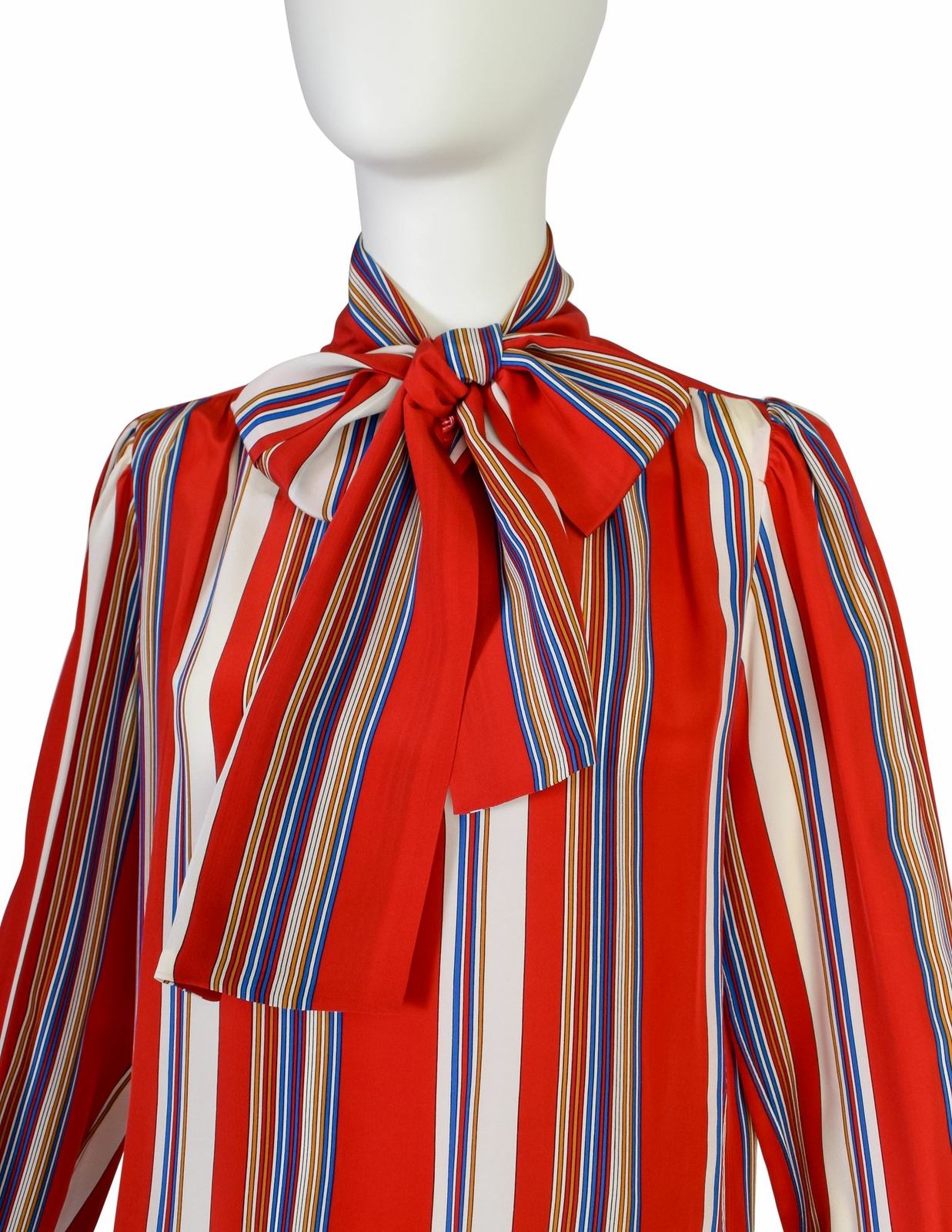 Camicia Yves Saint Laurent Vintage SS 1982 Rossa Multicolore Righe Seta Lavalliere