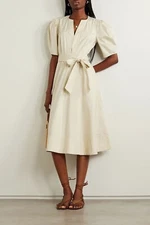 Ralph Lauren KALNA BELTED PUFF SLEEVE COTTON-POPLIN MIDI DRESS TAN BEIGE Size 8