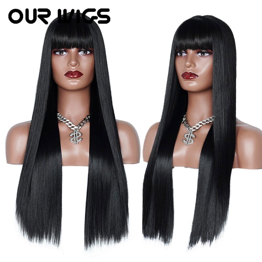 With Bangs Glueless Synthetic Lace Wig Pre Plucked Heat  display picture 3