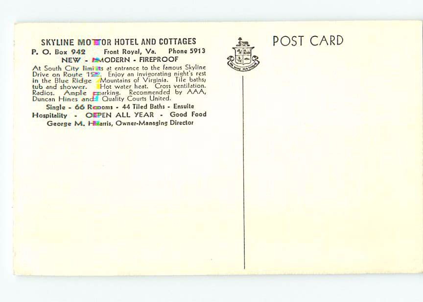 Unused 1940's SKYLINE MOTOR MOTEL Front Royal Virginia VA c2613 eBay