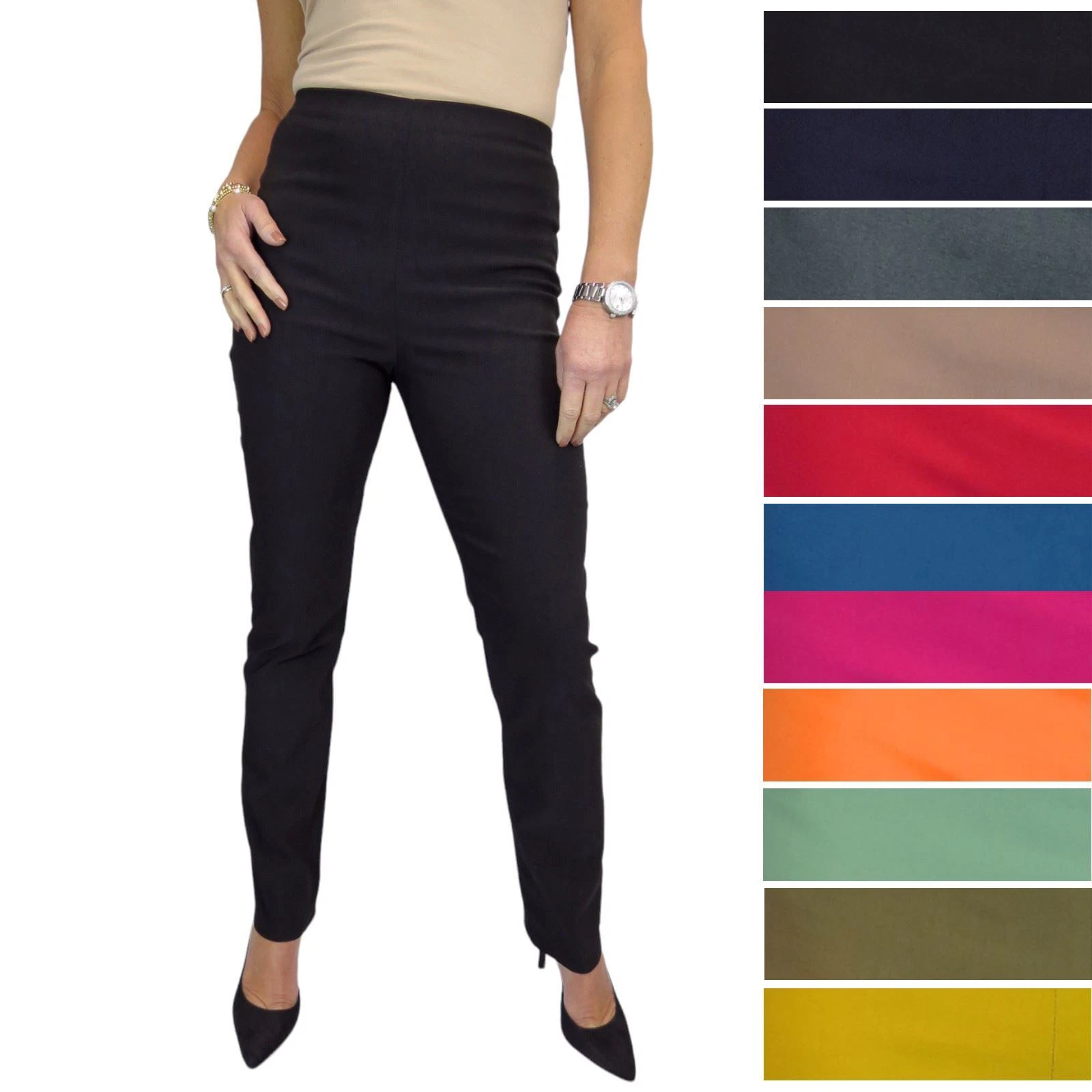 Women’s Stretch Bengaline Pull On Trousers High Waist Straight Leg UK 8–22