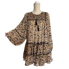 Free People Mini Dress S Balloon Sleeve Tiered Boho Floral Peasant Festival