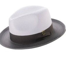 GRAY Two-tone Pinch Hat Wide Brim Matching Grosgrain Ribbon Straw Fedora H47
