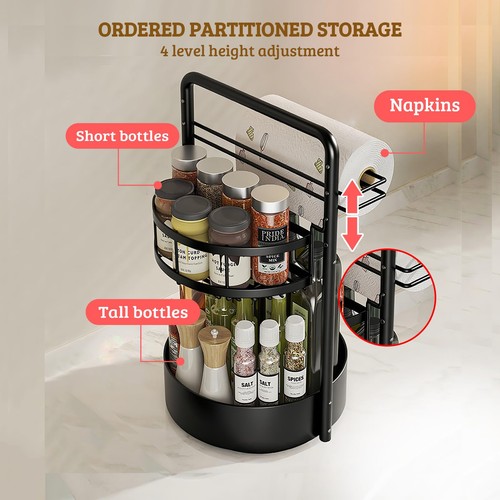 Rotating Spice Rack with Paper Towel Holder, 2 Tier Turntable Lazy Susan, Sea... - Picture 3 of 8