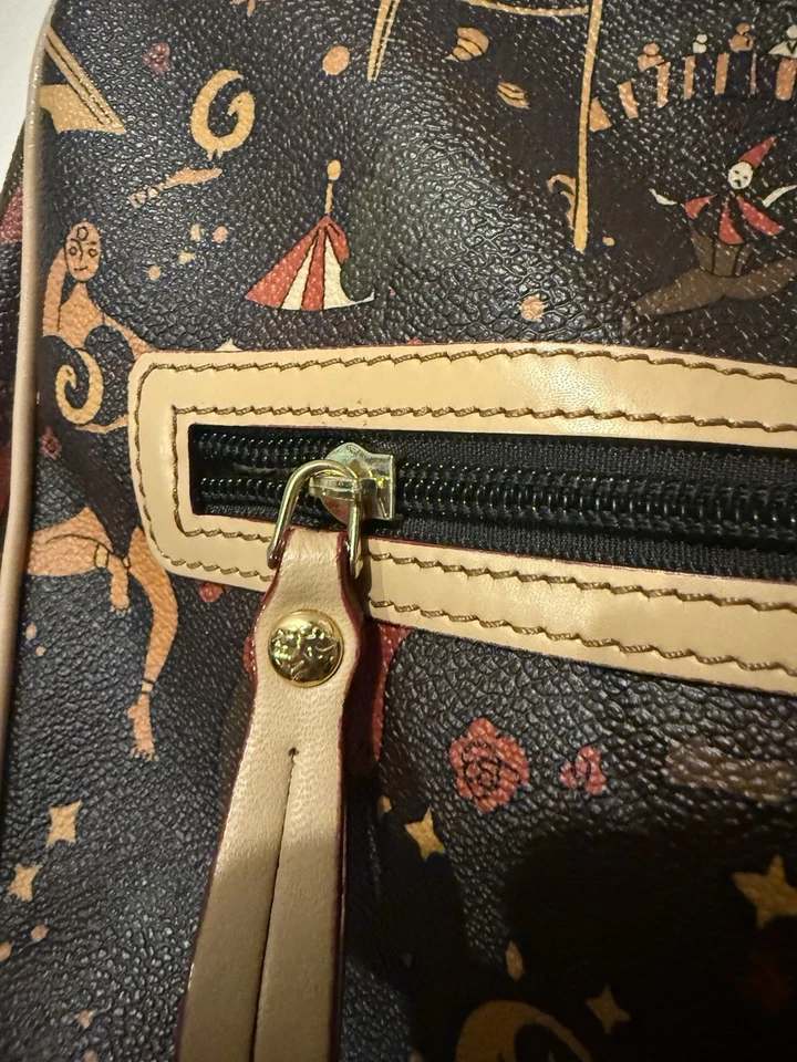 Lindo Bolso Bandolera de Hombro Piero Guidi Circo Mágico Cuero Marrón Lona Recubierta Foto 3 de 4