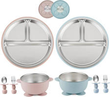 8PCS Baby Feeding Set Stainless Steel Suction Plates and Bowls with Silicone F