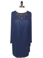 VINCE CAMUTO Size 12 Shift Dress Blue Rhinestones Beads Semi-Sheer Overlay